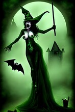 Halloween Witch Screaming In Green Mist While Bats Are Flying Around In Full Moon