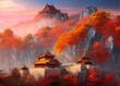 Chinese temple in the mountains in late autumn