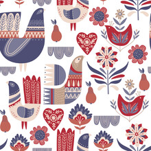 Scandinavian Authentic Minimal Nordic Seamless Pattern With Bird, Flowers, Fruts And Hearts Illustration On Isolated Background With Folk Ornaments In Flat Modern Scandinavian Style. 