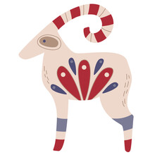 Scandinavian Authentic Minimal Nordic Goat Illustration On Isolated Background.  Goat With Folk Nordic Geometry Ornaments In Flat Modern Scandinavian Style. 