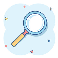 Fototapete - Loupe sign icon in comic style. Magnifier vector cartoon illustration on white isolated background. Search business concept splash effect.