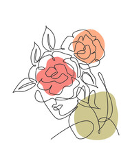 Wall Mural - single continuous line drawing pretty woman face with flowers. nature beauty botanical print concept