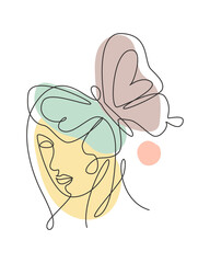 Poster - one single line drawing woman with butterfly line art vector illustration. female abstract face butt