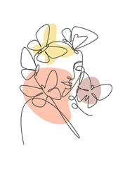 Poster - one single line drawing woman with butterfly line art vector illustration. female abstract face butt