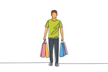 Poster - Single continuous line drawing young happy man walking and holding paper bags after buying personal needs at mall. Business shopping concept. One line draw vector graphic design illustration