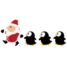 サンタと歩く3匹のペンギンのイラスト