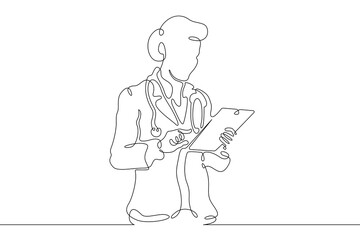 Poster - One continuous line. The doctor reads on the tablet. Doctor with a computer. Online medicine. One continuous line is drawn on a white background.