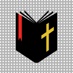 Open bible icon. Holy book with golden cross. Vector illustration on transparent background.