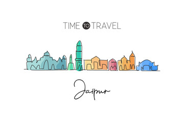 Poster - One continuous line drawing of Jaipur city skyline, India. Beautiful landmark. World landscape tourism travel home wall decor poster print art. Stylish single line draw design vector illustration