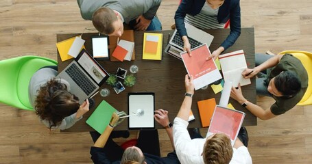 Poster - Planning, startup teamwork or collaboration of above meeting working with technology in design office in studio. Creative, finance or team building for kpi document, marketing or advertising review