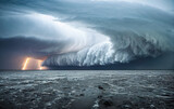 dramatic and powerful tornado. Lightning thunderstorm flash over the night sky. Concept on topic weather, cataclysms (hurricane, Typhoon, tornado, storm). Stormy Landscape.