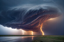 Dramatic And Powerful Tornado. Lightning Thunderstorm Flash Over The Night Sky. Concept On Topic Weather, Cataclysms (hurricane, Typhoon, Tornado, Storm). Stormy Landscape.