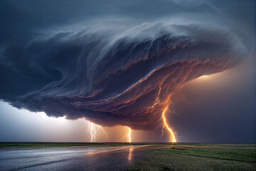 dramatic and powerful tornado. Lightning thunderstorm flash over the night sky. Concept on topic weather, cataclysms (hurricane, Typhoon, tornado, storm). Stormy Landscape.