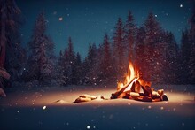 A Bonfire In A Snowy Forest At Night, Winter