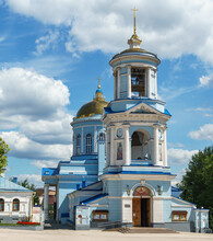 White Building Of Pokrovsky Cathedral With Blue Roof And Golden Domes. Temple Of Voronezh Diocese Of Russian Orthodox Church.  Russian Classicism Architecture. Voronezh, Russia - July 30, 2022