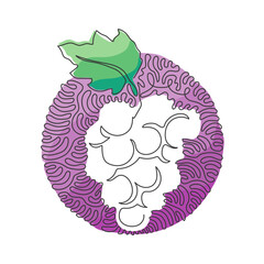 Poster - Single one line drawing healthy organic grapes for vineyard logo. Fresh tropical fruitage concept for fruit orchard garden icon. Swirl curl circle background style. Continuous line draw design vector