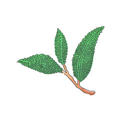 Poster - Single continuous line drawing healthy organic tea leaves for plantation logo identity. Fresh tender bud of tea shoot concept for tea leaf icon. Swirl curl style. Dynamic one line draw design vector