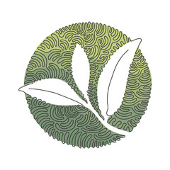 Poster - Single continuous line drawing healthy organic tea leaves for plantation logo identity. Fresh tender bud of tea shoot for tea leaf icon. Swirl curl circle background style. One line draw design vector