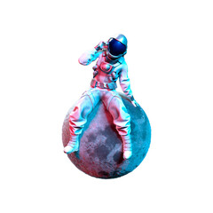 Wall Mural - astronaut sitting on the moon with his hand on his helmet, transparent background