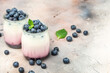 yogurt parfait with blueberry and jam in glass jars on a light background. banner, menu, recipe place for text, top view.