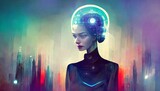 Fototapeta Miasto - Thoughtful Artificial Intelligence Robotic Female Android Woman with Glowing Lights and Futuristic City Background