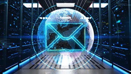 E-mail Icon Moving Through Rack Servers in Data Center. Concept of envelope and document on screen. E-mail, email marketing, internet advertising concepts. inbox messages appearing in the mailbox
