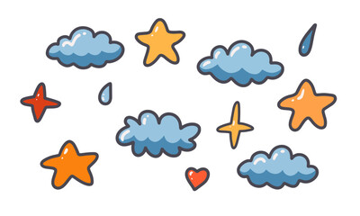 Poster - Set of cute cloud and stars for childish design element. Collection of simple cartoon hand drawn illustration.