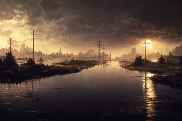 Wall Mural - Illustration of a flooded city