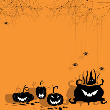 Halloween background with calligraphy hand lettering, moon, pumpkins and bats. Easy to edit vector template for greeting card, banner typography poster, party invitation, t-shirt, etc