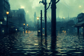 Wall Mural - Illustration of a flooded city