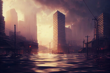 Wall Mural - Illustration of a flooded city