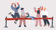 Vector illustration of inauguration of the building with ribbon cutting, people celebrating around. Open business. Woman with scissors