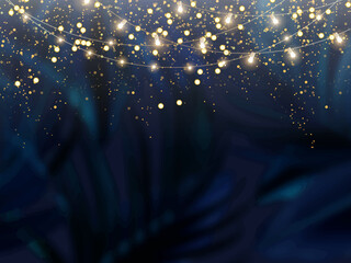 Wall Mural - navy blue tropical forest foliage vector background. dark palm leaves wedding invitation