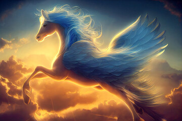 Majestic Fantasy Pegasus horse flying high above the clouds. Flight of the Pegasus. fantastic magical illustration. Digital art.