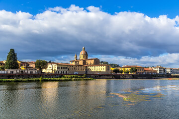 Wall Mural - Florence, Italy. Picturesque view of the Arno River and the Church of San Frediano al Cestello, 1680-1689