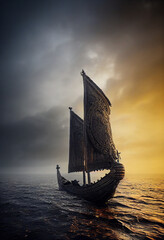 Wall Mural - Viking ship drakkar at stormy sea