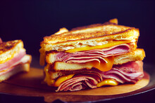layered monte cristo sandwich with ham and cheese, close up digital illustration, created with generative ai