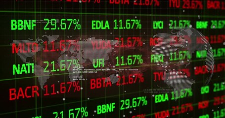 Poster - Animation of financial data processing and world map over dark background