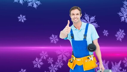 Sticker - Animation of snow falling over happy caucasian male builder over purple background