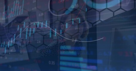 Poster - Animation of graphs and data over caucasian woman working on computer