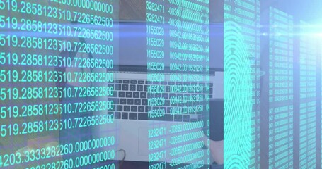 Poster - Animation of light,numbers and fingerprint over hands of caucasian man using laptop
