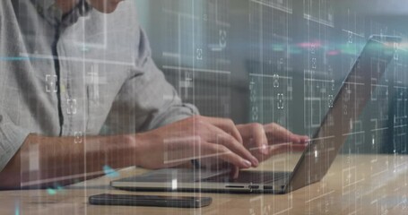 Poster - Animation of light and data over hands of caucasian man using laptop