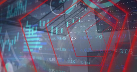 Poster - Animation of red shapes, financial data and graphs over building