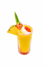 Poster - Vertical shot of a cocktail made of pineapple decorated with raspberry against a white background