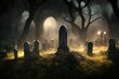This is a 3D illustration of a haunted Graveyard based around Halloween.