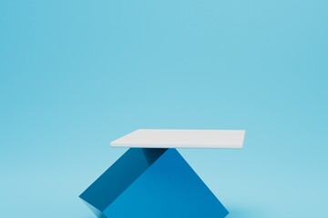 Poster - balancing on a blue cube white stand on a blue background. copy paste, copy space. 3D render