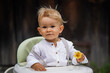 one year old happy blond german baby boy in white shirt playing outside infront of a rustic wooden hut gate with a yellow flower to congratulate for birthday