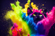 Blue cat in a multicolor powder explosion, freeze frame in 3d art