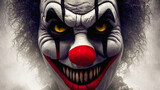 closeup of fantasy scary horror clown face with white red makeup
