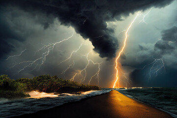 dangerous lightning strikes in the cloudy sky and stormy ocean in a tropical storm. The climate change is causing natural disasters. 3D illustration and digital painting.